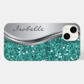 Teal Silver Sparkle Glam Bling Personalized Metal Case-Mate iPhone Case (Back (Horizontal))