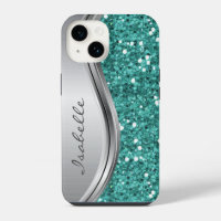 Teal Silver Sparkle Glam Bling Personalized Metal