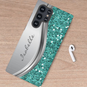Teal Silver Sparkle Glam Bling Personalized Metal  Samsung Galaxy Case