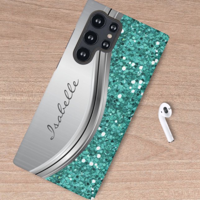 Teal Silver Sparkle Glam Bling Personalized Metal  Samsung Galaxy S22 Ultra Case (Creator Uploaded)