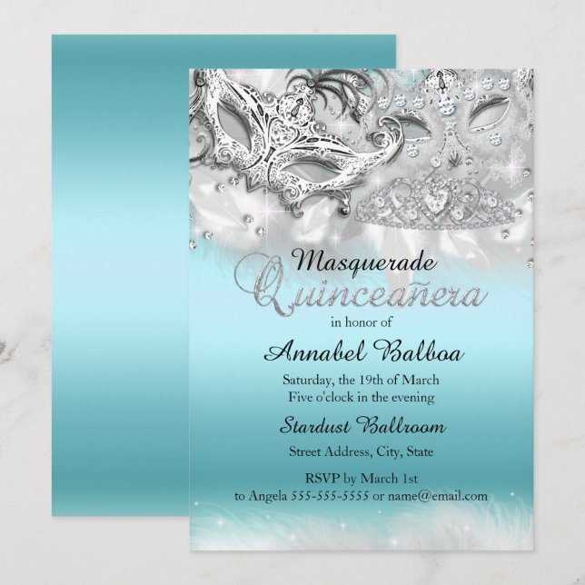 Teal Silver Sparkle Masquerade Quinceanera Invite (Front/Back)