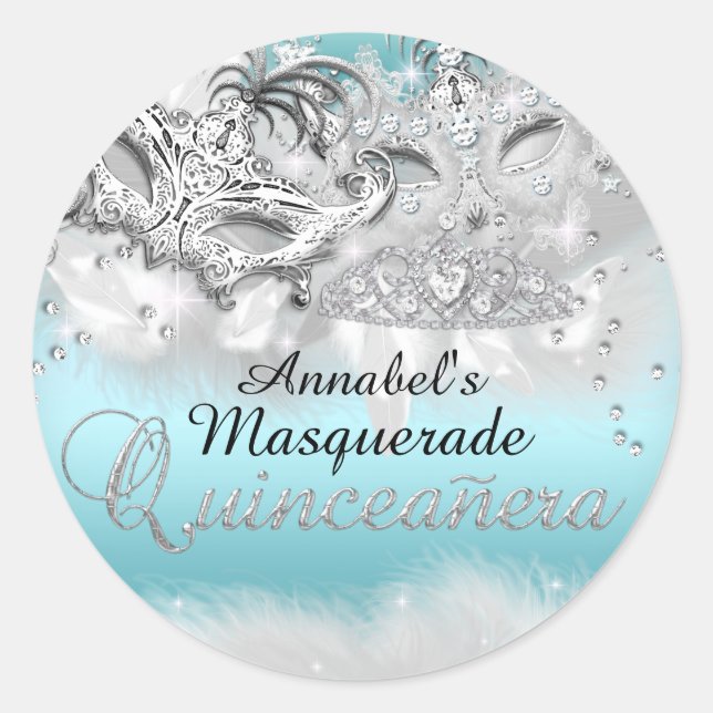 Teal Silver Sparkle Masquerade Quinceanera Sticker (Front)