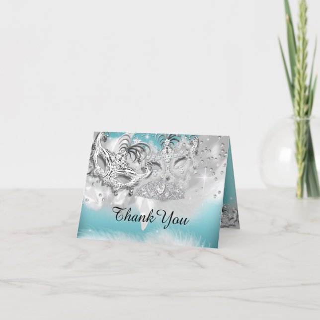 Teal & Silver Sparkle Masquerade Thank You Card (Front)