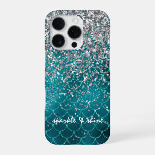 Teal Silver Sparkle Mermaid personalized iPhone 16 Pro Case