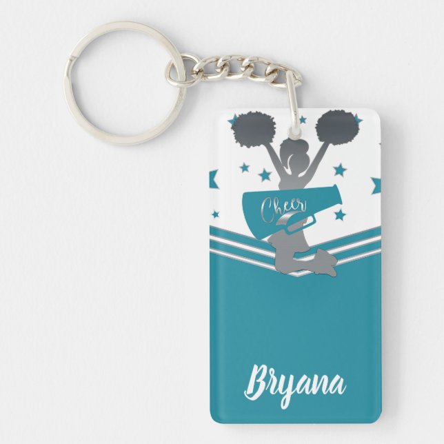 Teal Silver Stars Cheer-leading Personalized Keychain (Front)