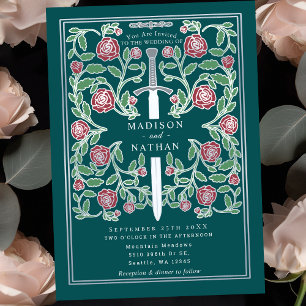 Teal Silver Sword Floral Medieval Fantasy Wedding Invitation