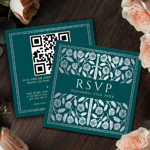 Teal Silver Sword Royal Wedding RSVP QR Code Enclosure Card