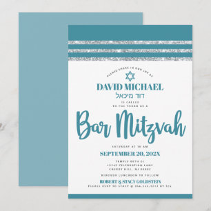 Teal Silver Tallit Bar Mitzvah Bold Simple Modern Invitation