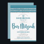 Teal Silver Tallit Bar Mitzvah Bold Simple Modern Invitation<br><div class="desc">Be proud, rejoice and showcase this milestone of your favourite Bar Mitzvah! Send out this cool, unique, modern, personalized invitation for an event to remember. Bold, dusty teal blue script typography, Star of David and a dusty teal blue and silver glitter striped tallit inspired graphic overlay a simple, white background....</div>