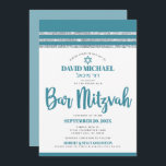 Teal Silver Tallit Bar Mitzvah Bold Simple Modern Invitation<br><div class="desc">Be proud, rejoice and showcase this milestone of your favourite Bar Mitzvah! Send out this cool, unique, modern, personalized invitation for an event to remember. Bold, dusty teal blue script typography, Star of David and a dusty teal blue and silver glitter striped tallit inspired graphic overlay a simple, white background....</div>
