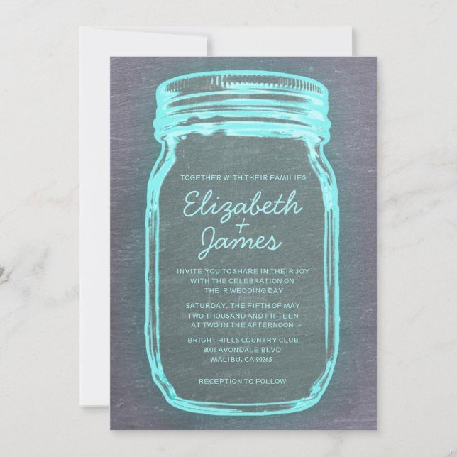 Teal Silver Vintage Mason Jar Wedding Invitations (Front)
