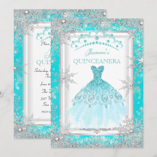 Teal Silver Winter Wonderland Quinceanera Party Invitation