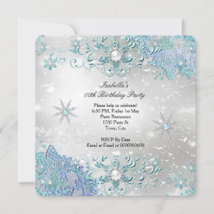 Teal Silver Winter Wonderland Snowflakes Party 2 Invitation