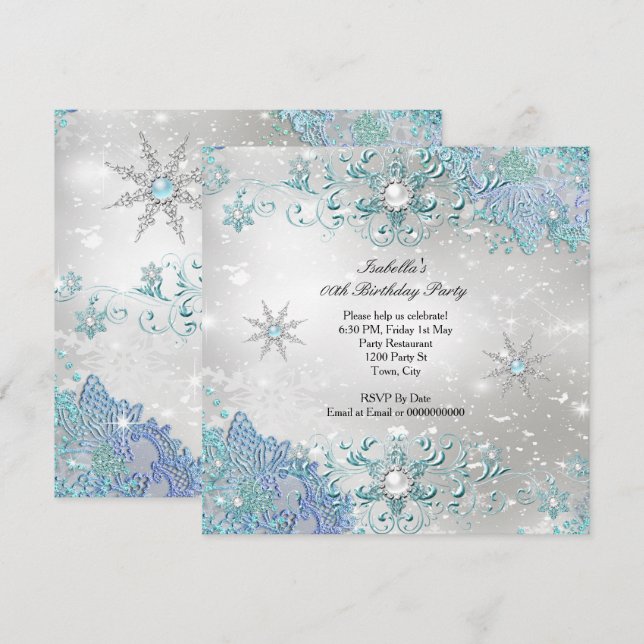 Teal Silver Winter Wonderland Snowflakes Party Invitation (Front/Back)