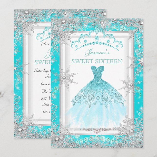 Teal Silver Winter Wonderland Sweet 16 Party Invitation (Front/Back)