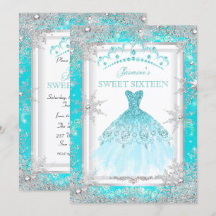 Teal Silver Winter Wonderland Sweet 16 Party Invitation