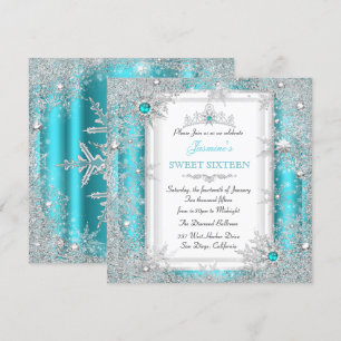 Teal Silver Winter Wonderland Sweet 16 Snowflake Invitation