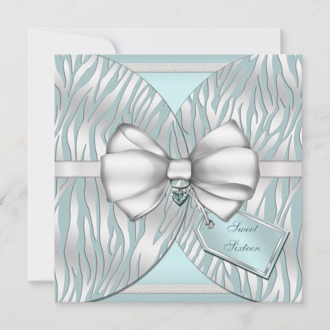 Teal Silver Zebra Invite Ribbon & Jewelled Bow (Front)