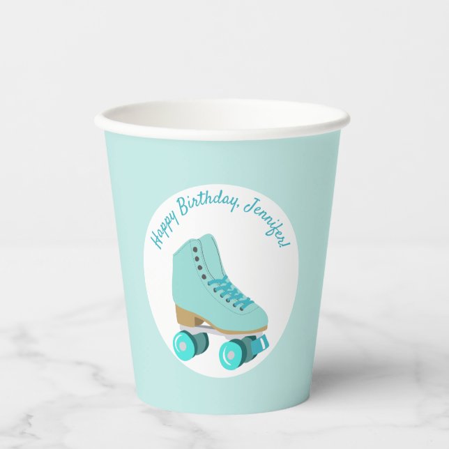 Teal Skate Graphic Roller Skating Themed Party Paper Cups (Front)