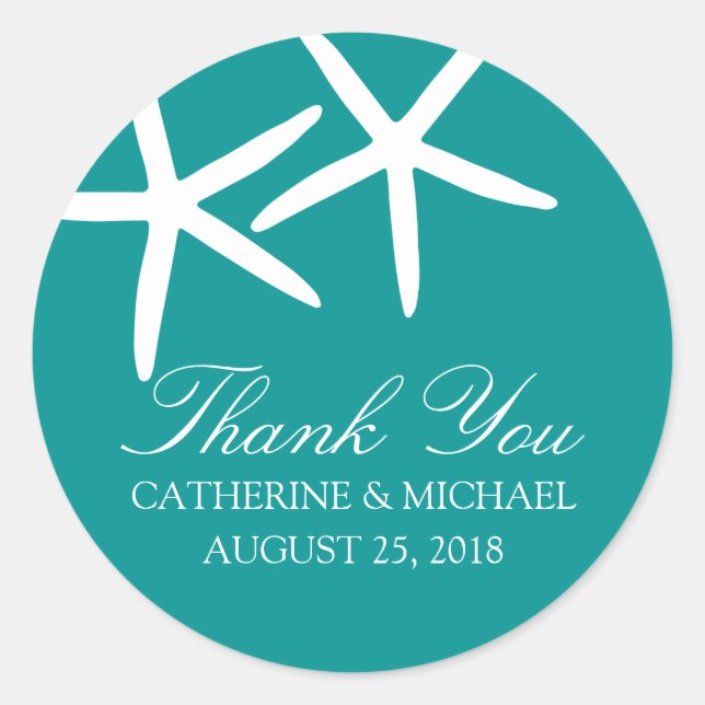Teal Skinny Starfish Wedding Monogram Classic Round Sticker (Front)