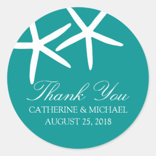 Teal Skinny Starfish Wedding Monogram Classic Round Sticker