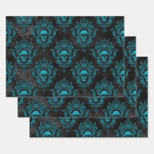Teal Skull and Dark Grey Gothic Wrapping Paper Sheet