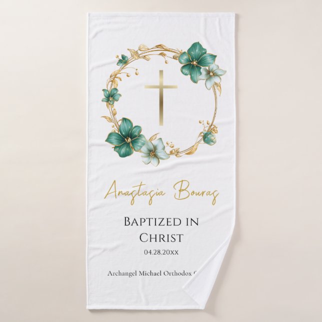Teal & Sky Blue Flowers Orthodox Baptism Gift     (Serviette de bain)