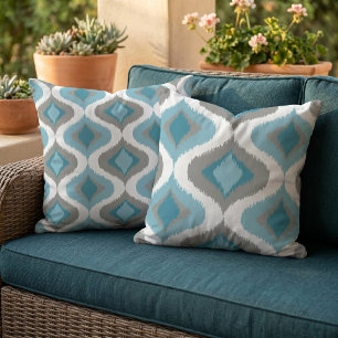 Teal Slate Blue Grey Retro Ikat Drops Pattern Outdoor Pillow