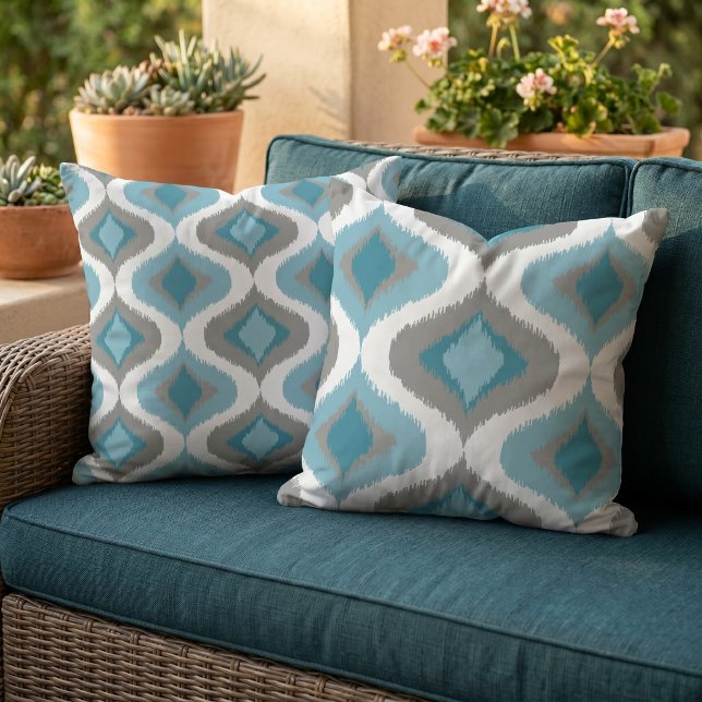 Teal Slate Blue Grey Retro Ikat Drops Pattern Outdoor Pillow (Creator Uploaded)