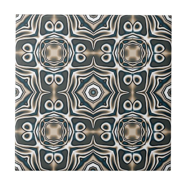 Teal Slate Blue Grey Taupe Brown Ethnic Tribe Art Tile (Front)