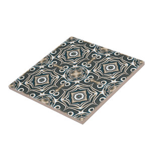 Teal Slate Blue Grey Taupe Brown Ethnic Tribe Art Tile