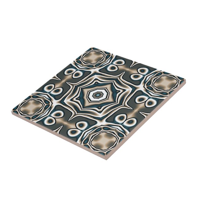 Teal Slate Blue Grey Taupe Brown Ethnic Tribe Art Tile (Side)