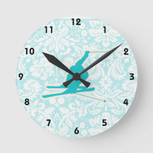 Teal Snow Skiing Round Clock