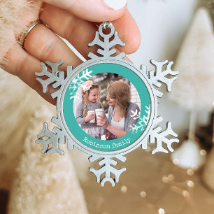 Teal Snowflake Custom Photo Monogram Pewter Christmas Ornament