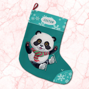 Teal Snowflake Ice Skating Panda Bear Large Christmas Stocking