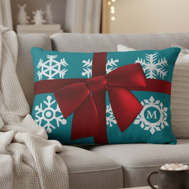 Teal Snowflake Monogram Red Bow Christmas Holiday Decorative Pillow (This personalized pillow adds a touch of elegant charm and warmth to any space.)