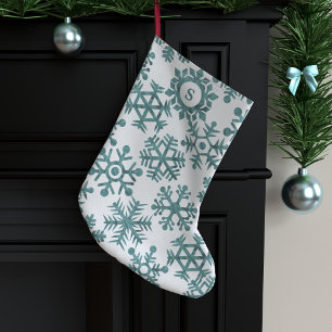 Teal Snowflake Pattern Monogram Large Christmas Stocking