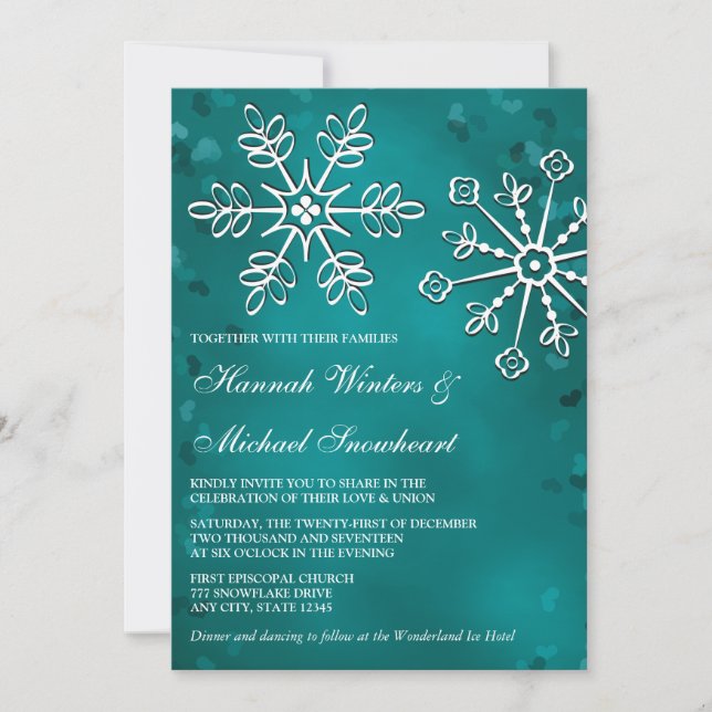 Teal Snowflake Wedding Invitations (Front)