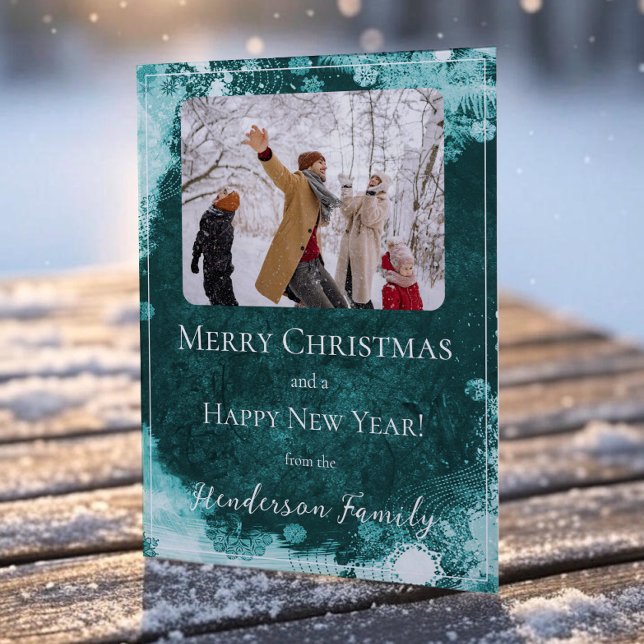 Teal Snowflakes Flat Holiday Photo Card (Teal Snowflakes Flat Holiday Photo Card)