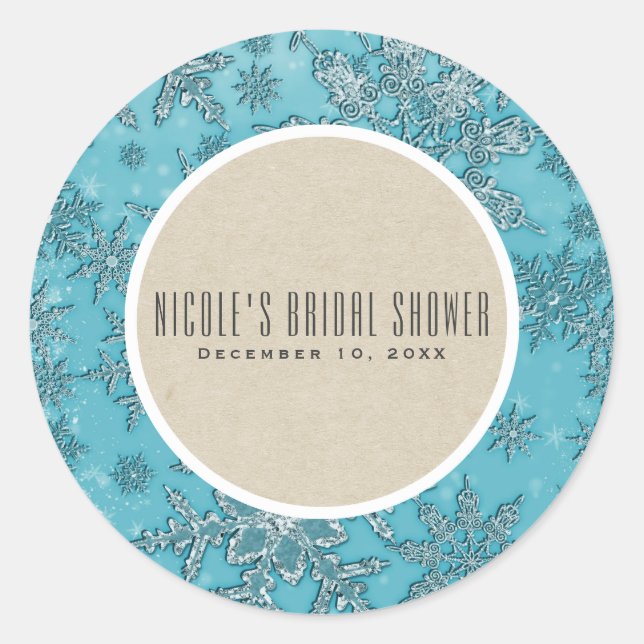 Teal Snowflakes Winter Wonderland Rustic Favour Classic Round Sticker (Front)