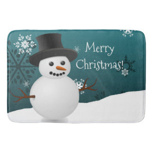 Teal Snowman Winter Scene Christmas Bath Mat