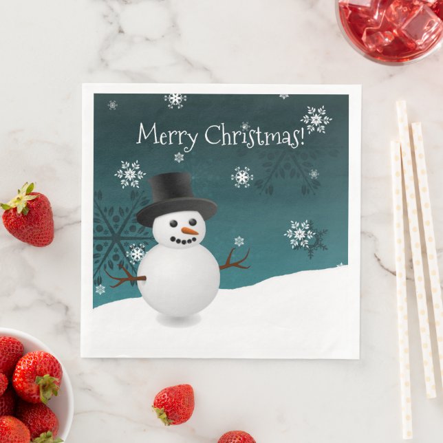 Teal Snowman Winter Scene Christmas Paper Napkin (Insitu)