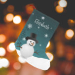 Teal Snowman Winter Scene Christmas Stocking<br><div class="desc">Add a whimsical touch to your mantle this holiday season with a personalized Teal Snowman Winter Scene Christmas Stocking. Stocking design features a happy snowman in a snowy wintry scene against a teal background adorned with matching colour snowflakes. Additional gift and holiday items available with this design as well.</div>