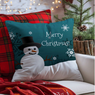 Teal Snowman Winter Scene Christmas Throw Pillow
