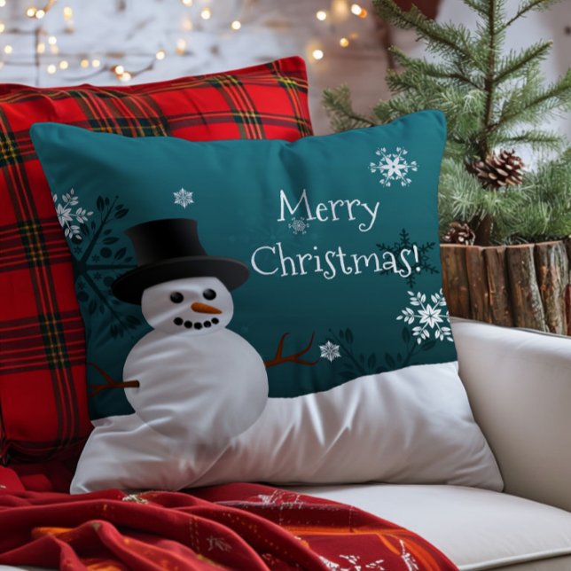 Teal Snowman Winter Scene Christmas Throw Pillow (Teal Snowman Winter Scene Christmas Throw Pillow)