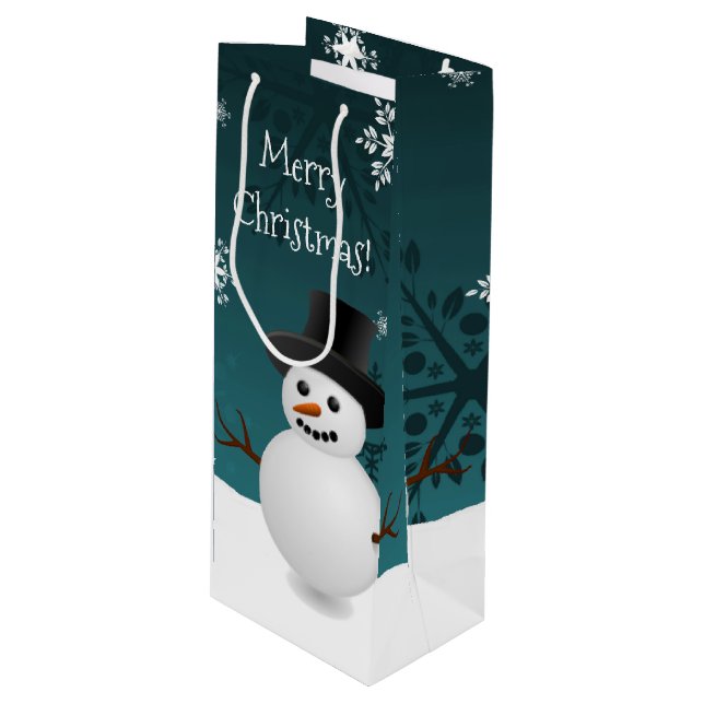 Teal Snowman Winter Scene Christmas Wine Gift Bag (Front Angled)