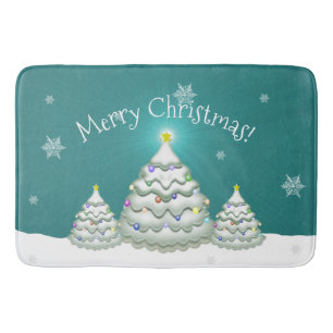 Teal Snowy Christmas Tree Bath Mat