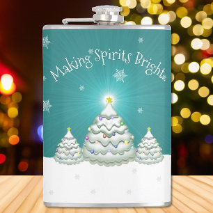 Teal Snowy Christmas Tree Flask