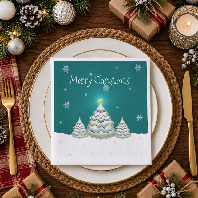 Teal Snowy Christmas Tree Paper Napkin (Teal Snowy Christmas Tree Paper Napkins)