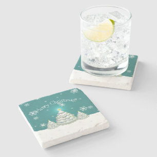 Teal Snowy Christmas Tree Stone Coaster